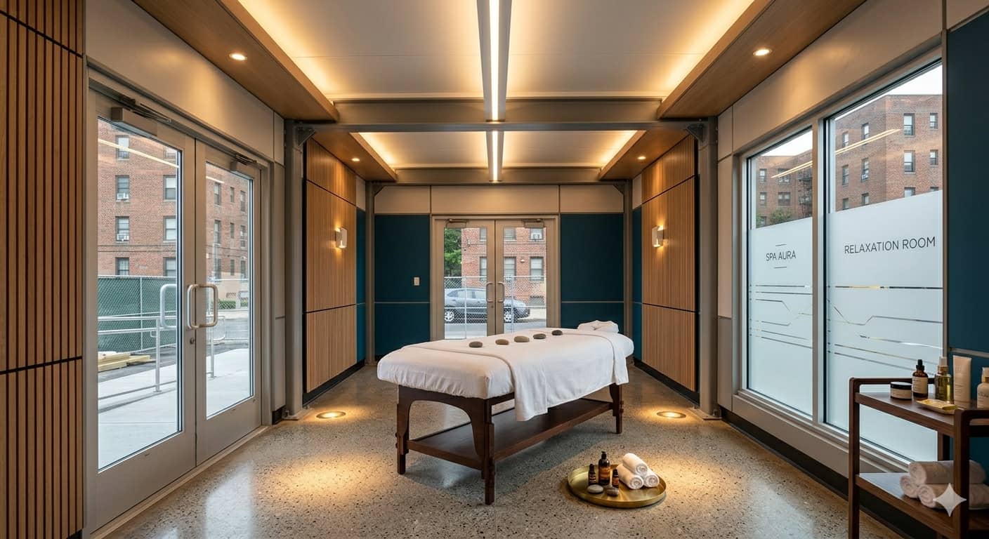 A modern shipping container spa room with elegant lighting and a massage table