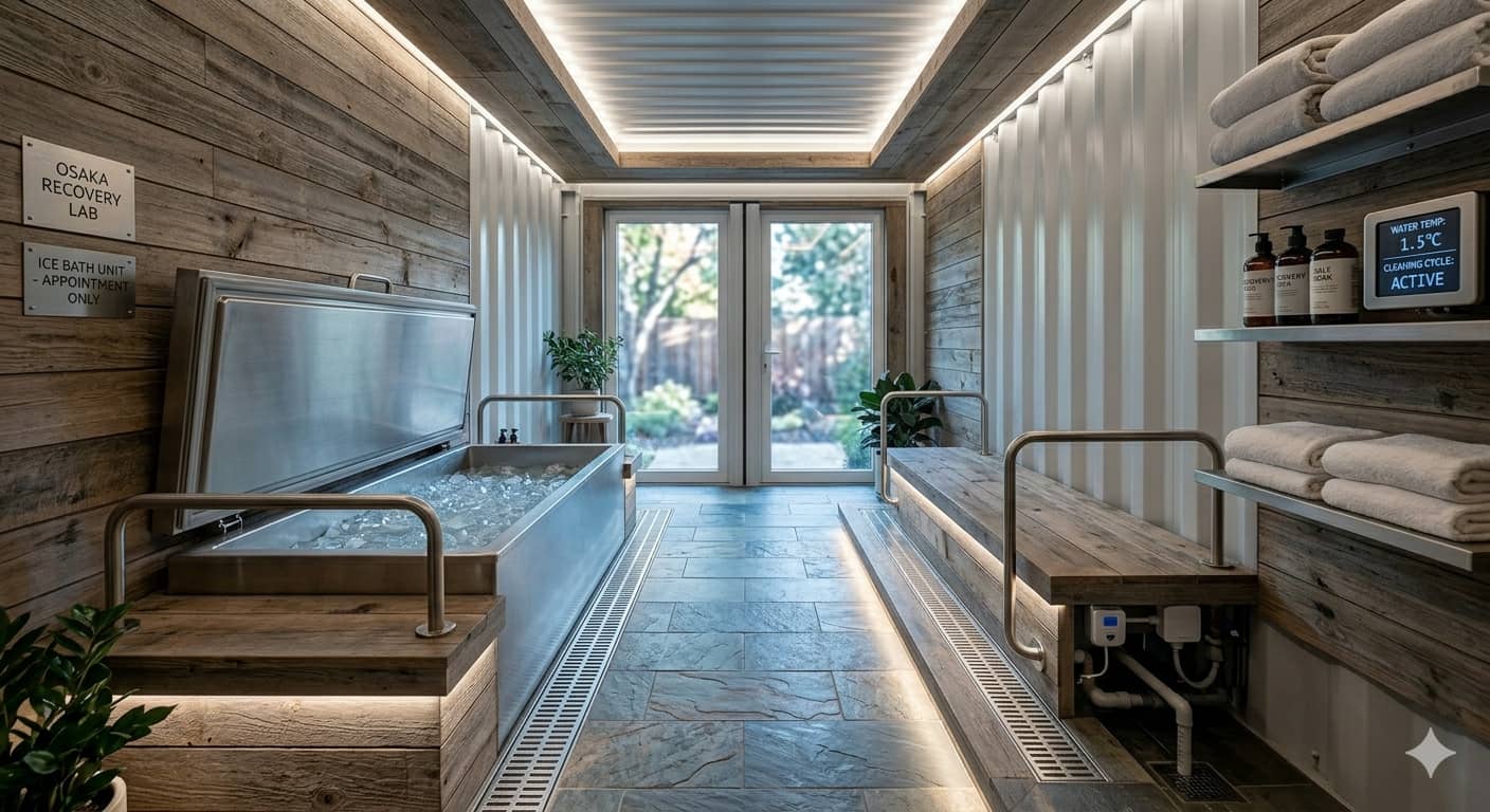 A sleek, modern shipping container converted into an ice bath recovery room with proper drainage