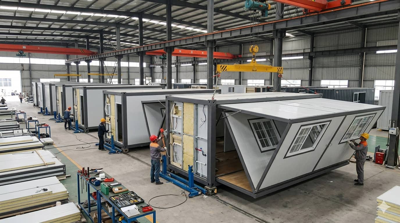 Inside a factory showing the prefabrication of an expandable container house