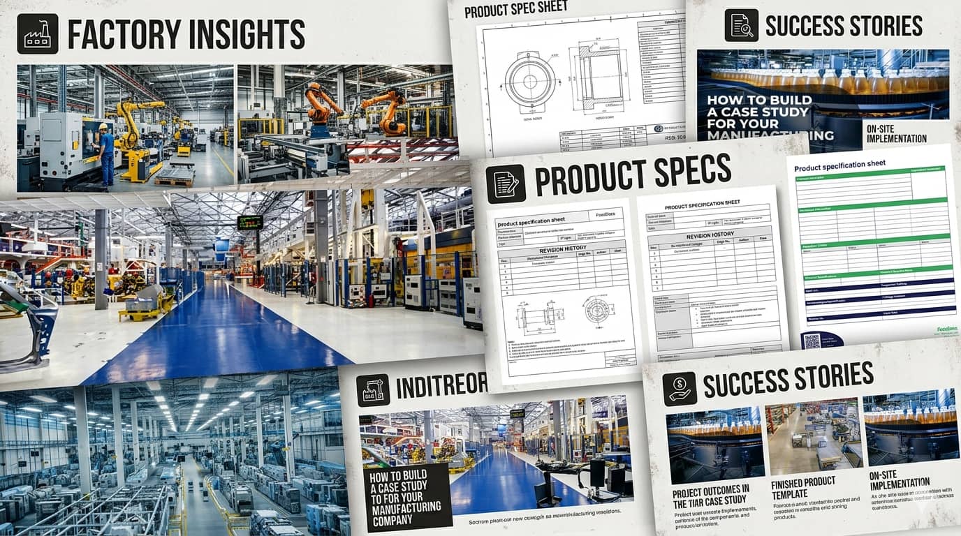A collage of factory photos, product spec sheets, and case study images