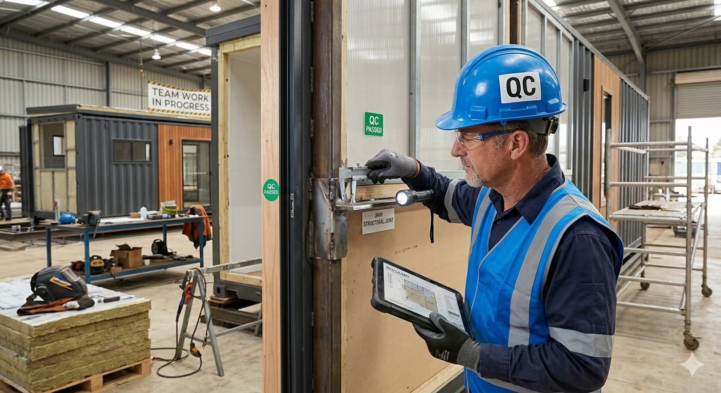 An inspector checking the quality of a modular home in a factory