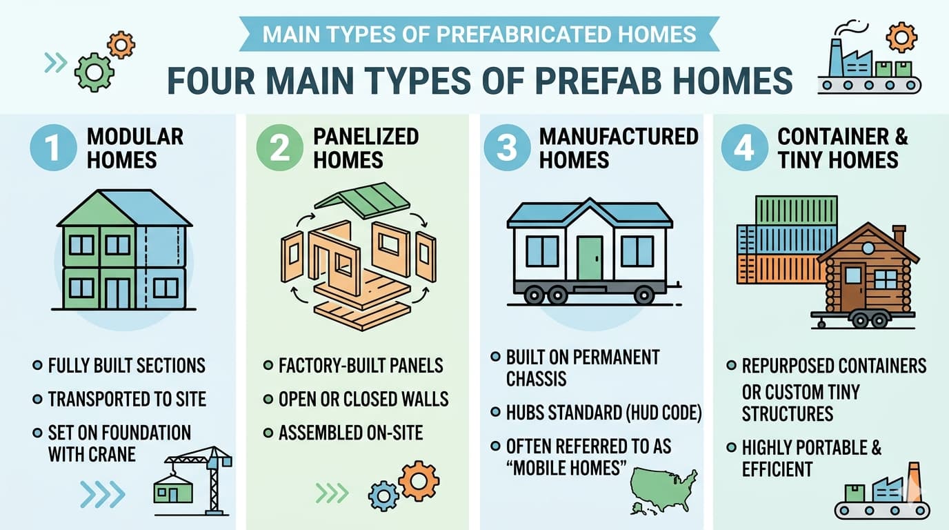 An infographic showing the four main types of prefab homes with simple icons.